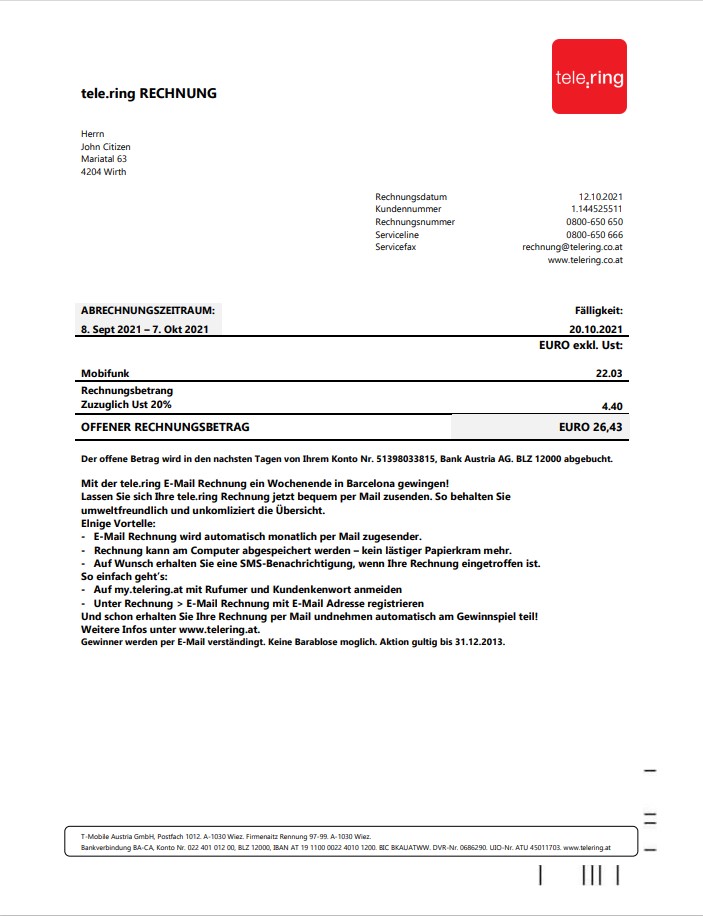 Sweden Tele Ring utility bill template in Word and PDF format